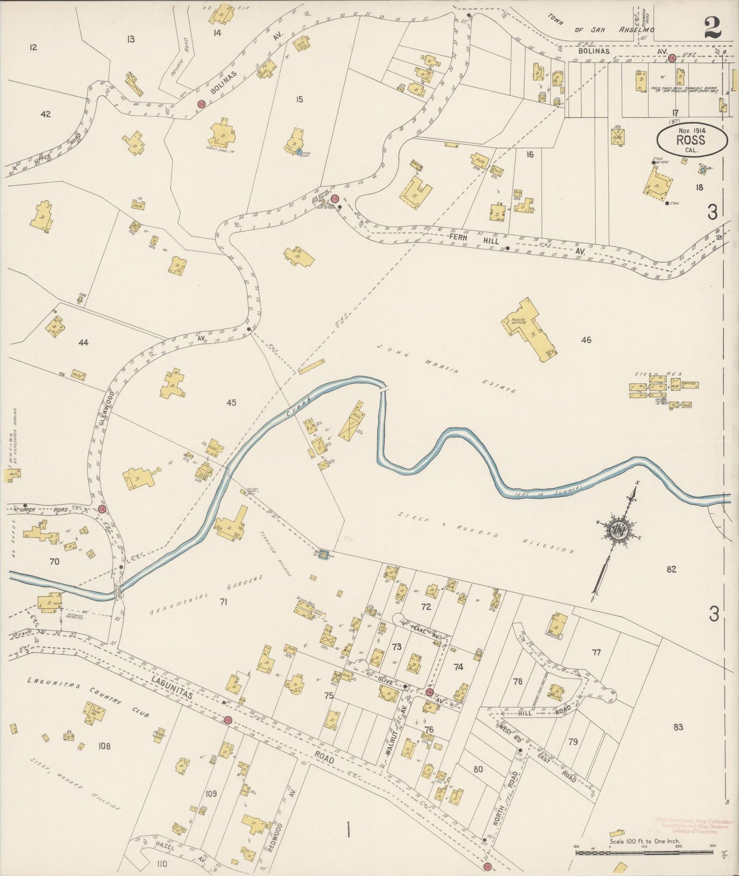 Sanborn Fire Insurance Map from Ross, Marin County, California (1914), Sheet #0002 - Complete Map Set gallery image, historic Sanborn map, vintage wall art, California California