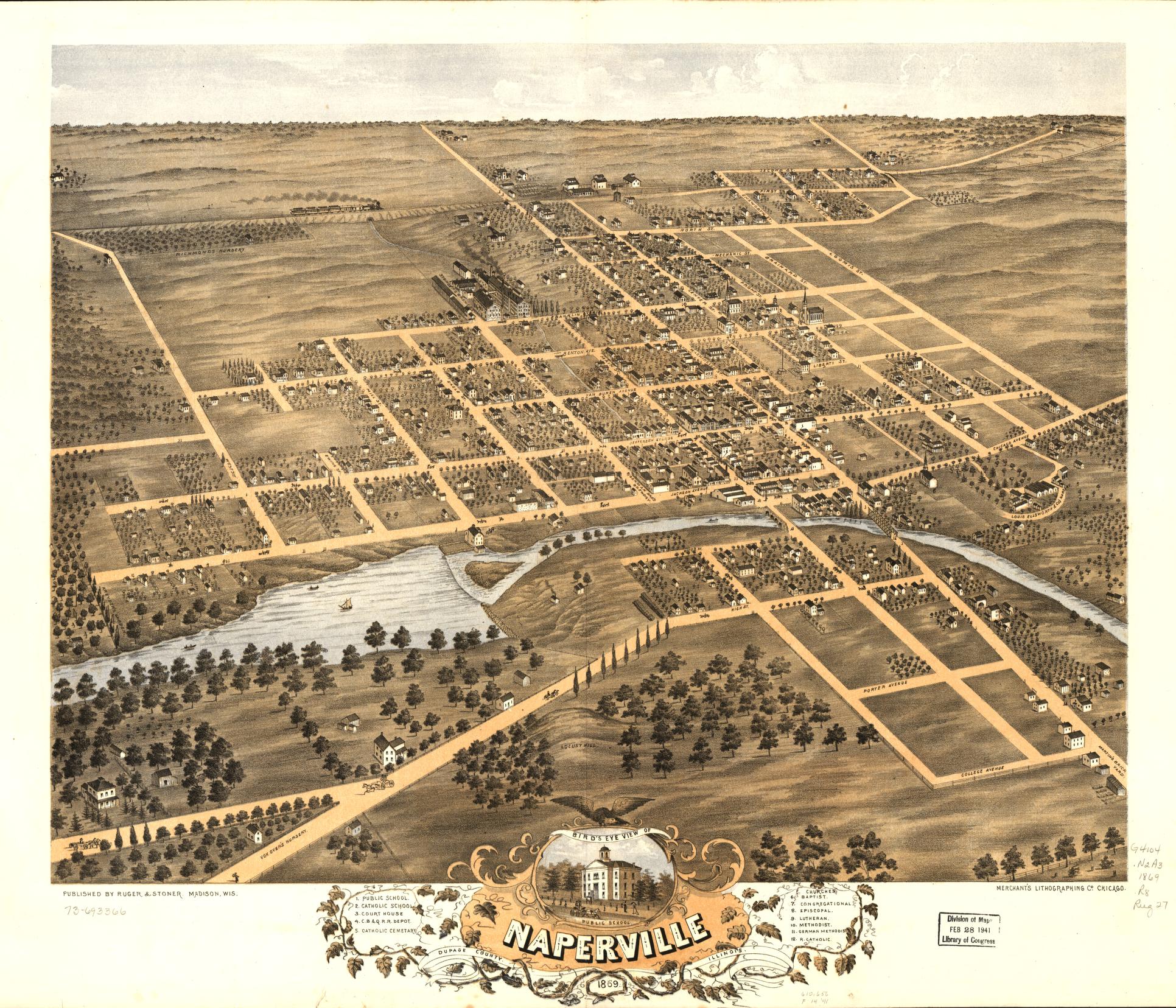 Bird's eye view of Naperville, DuPage County, Illinois 1869. (1869) – Historic Bird’s-Eye View Panorama Print
