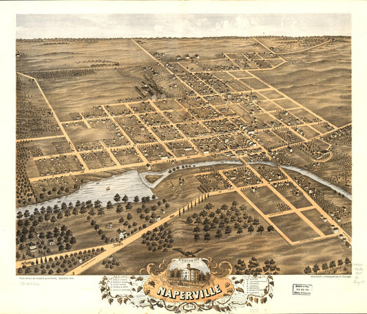 Bird's eye view of Naperville, DuPage County, Illinois 1869. (1869) – Historic Bird’s-Eye View Panorama Print