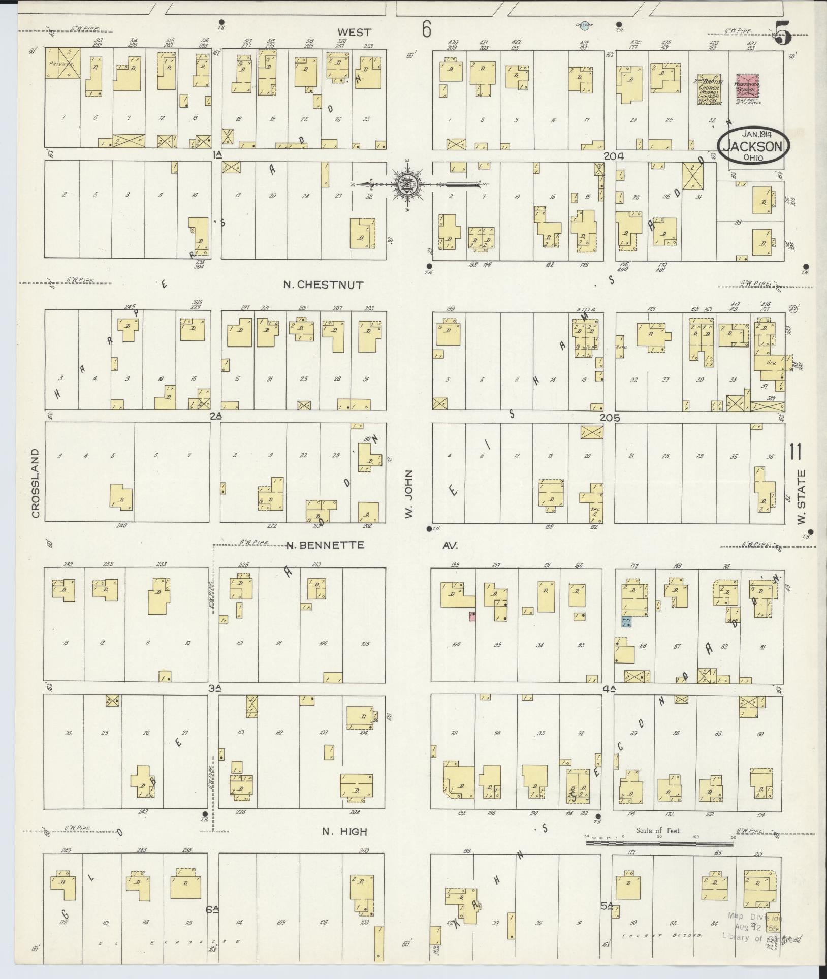 Sanborn Fire Insurance Map from Jackson, Jackson County, Ohio (1914), Sheet #0005 - Historic Sanborn Fire Insurance Map Print, vintage old map wall art, antique decor, genealogy gift, Ohio Ohio map