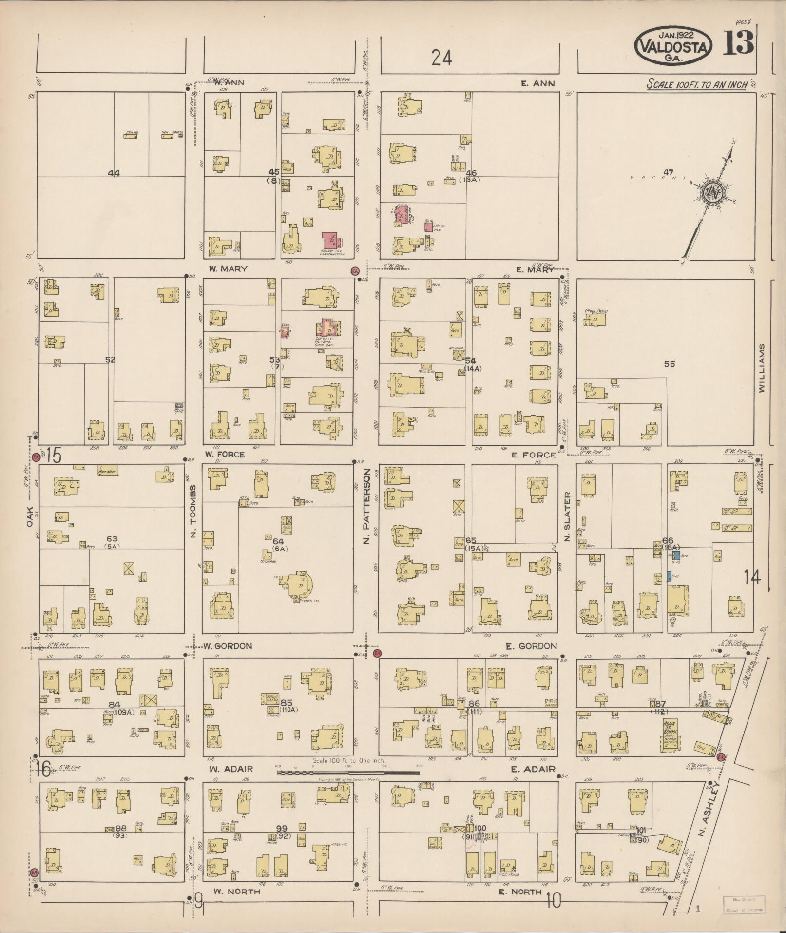 Sanborn Fire Insurance Map from Valdosta, Lowndes County, Georgia (1922), Sheet #0013 - Complete Map Set gallery image, historic Sanborn map, vintage wall art, Georgia Georgia