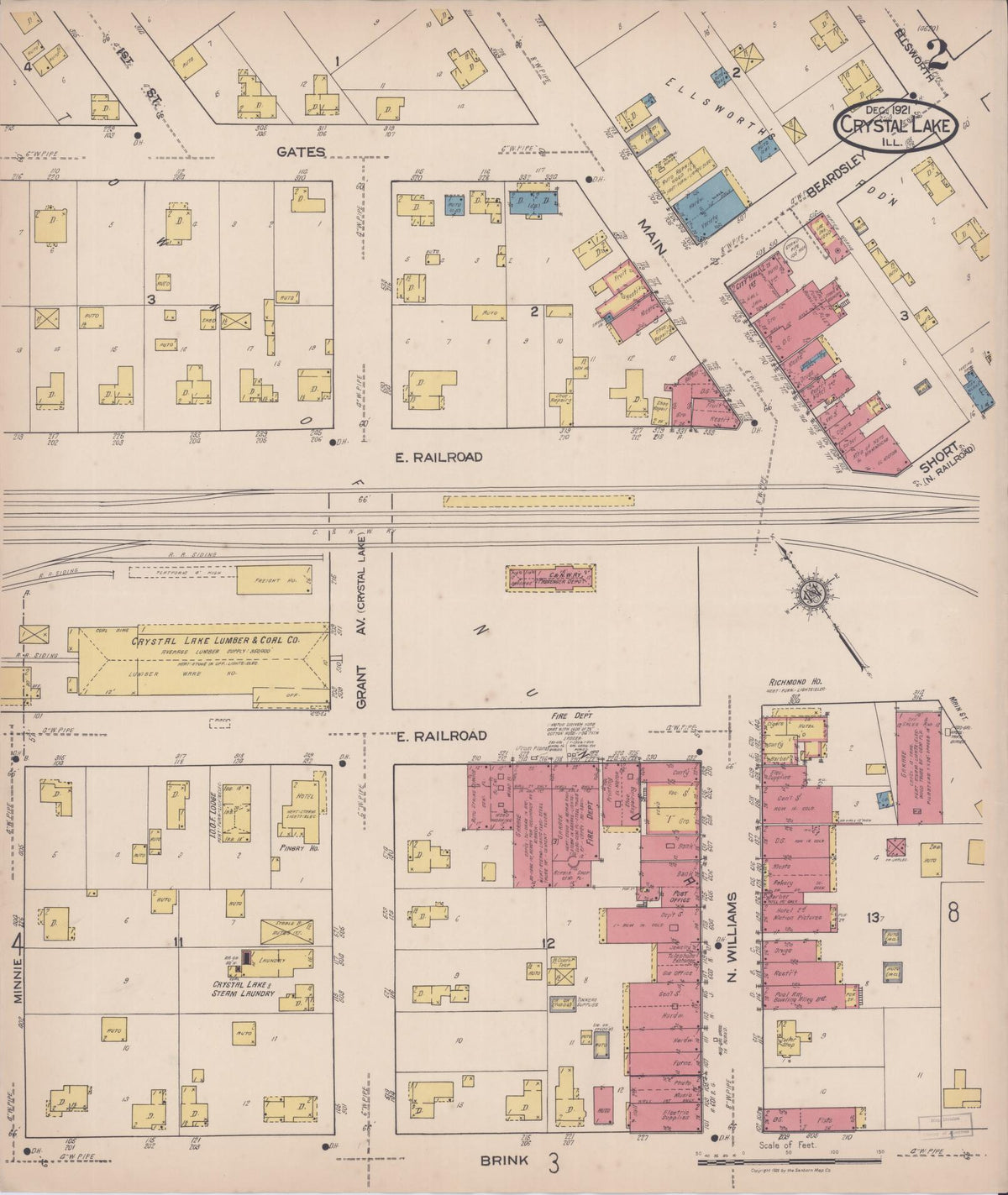 Sanborn Fire Insurance Map from Crystal Lake, McHenry County, Illinois (1921), Sheet #0002 - Historic Sanborn Fire Insurance Map Print, vintage old map wall art, antique decor, genealogy gift, Illinois Illinois map