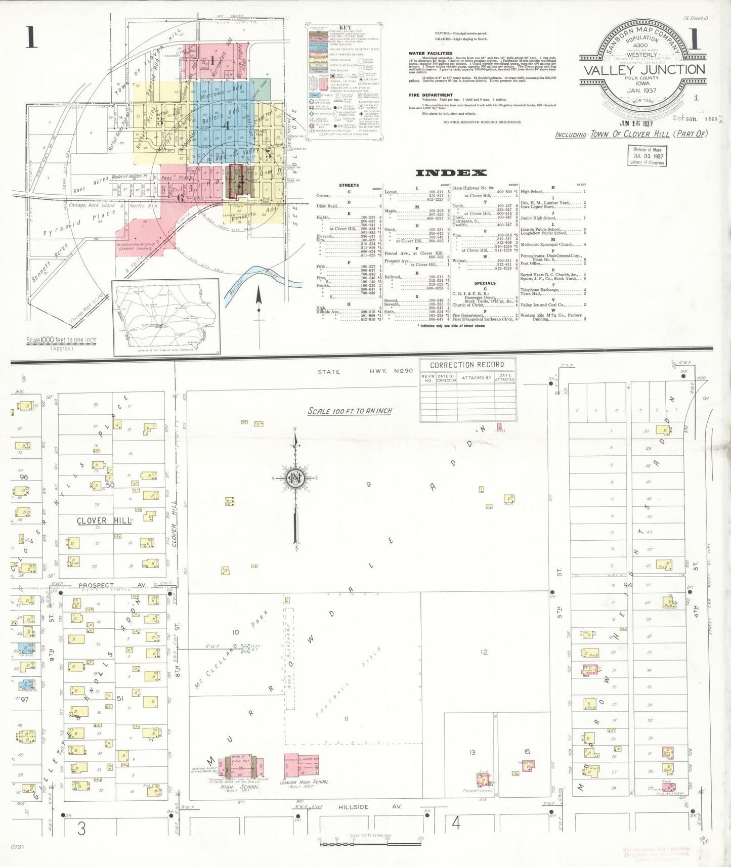 Sanborn Fire Insurance Map from Valley Junction, Polk County, Iowa (1937), Sheet #0001 - Historic Sanborn Fire Insurance Map Print, vintage old map wall art