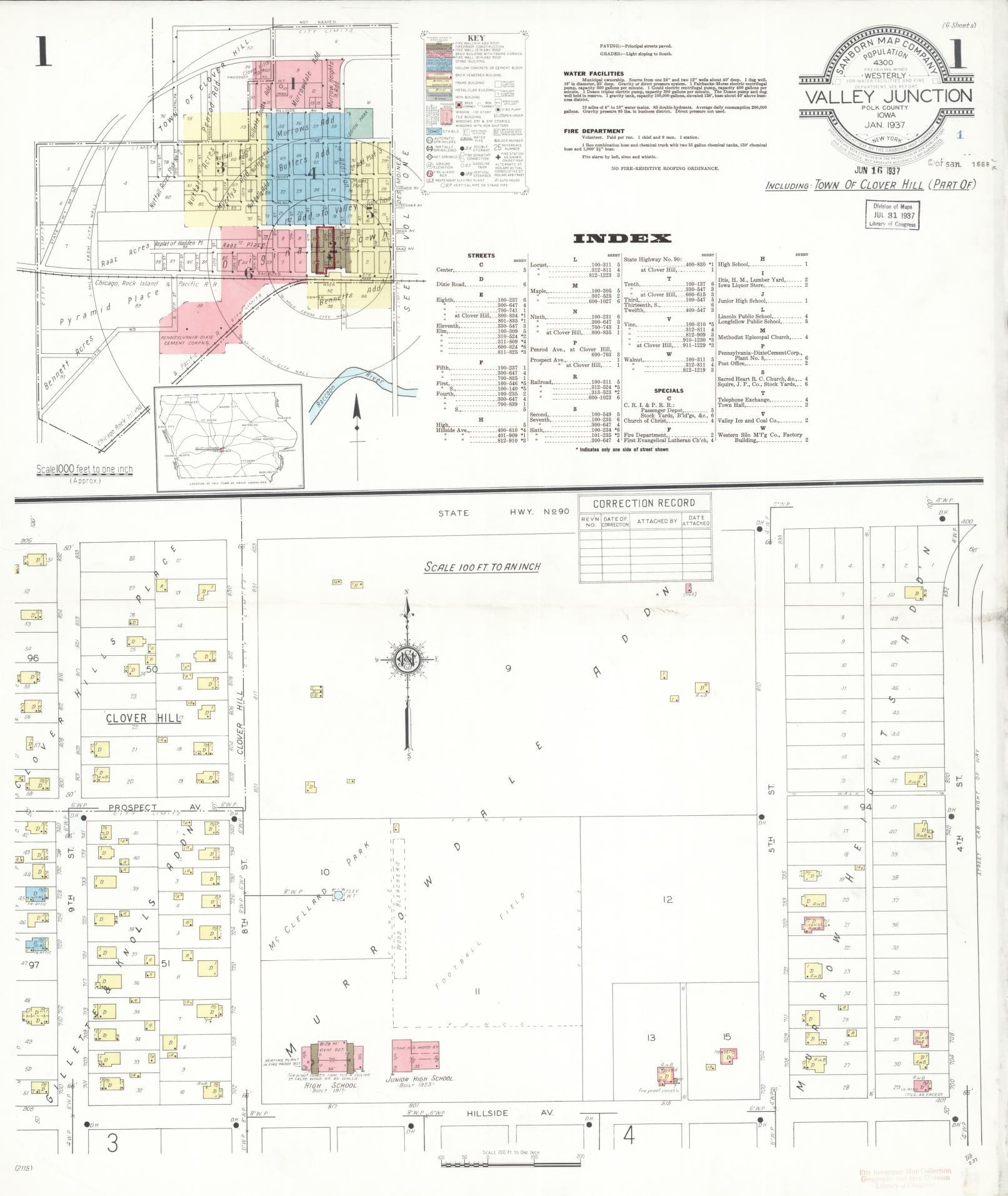 Sanborn Fire Insurance Map from Valley Junction, Polk County, Iowa (1937), Sheet #0001 - Historic Sanborn Fire Insurance Map Print, vintage old map wall art