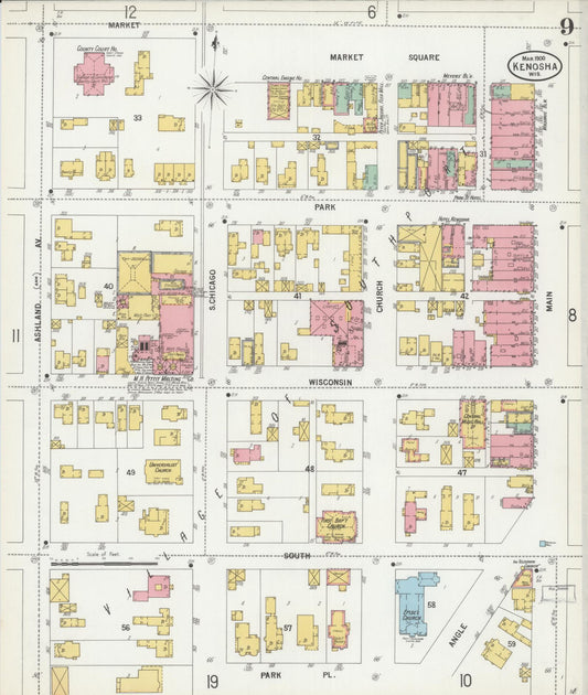 Sanborn Fire Insurance Map from Kenosha, Kenosha County, Wisconsin (1900), Sheet #0009 - Historic Sanborn Fire Insurance Map Print, vintage old map wall art, antique decor, genealogy gift, Wisconsin Wisconsin map