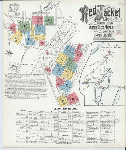 Sanborn Fire Insurance Map from Red Jacket, Houghton County, Michigan (1900), Sheet #0001 - Historic Sanborn Fire Insurance Map Print, vintage old map wall art, antique decor, genealogy gift, Michigan Michigan map