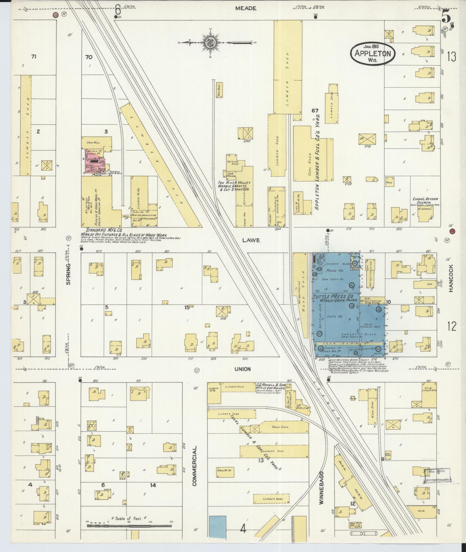 Sanborn Fire Insurance Map from Appleton, Outagamie County, Wisconsin (1911), Sheet #0005 - Historic Sanborn Fire Insurance Map Print, vintage old map wall art, antique decor, genealogy gift, Wisconsin Wisconsin map