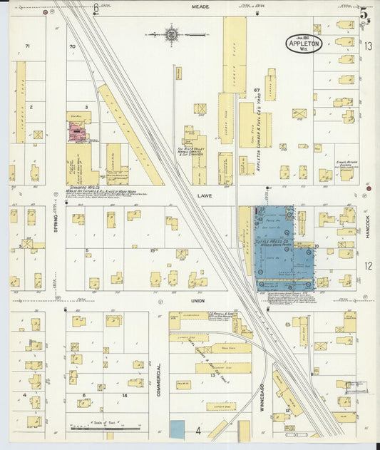 Sanborn Fire Insurance Map from Appleton, Outagamie County, Wisconsin (1911), Sheet #0005 - Historic Sanborn Fire Insurance Map Print, vintage old map wall art, antique decor, genealogy gift, Wisconsin Wisconsin map