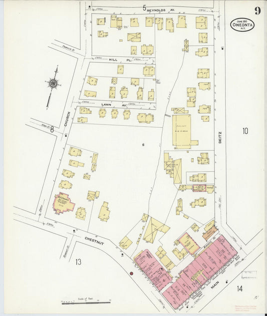Sanborn Fire Insurance Map from Oneonta, Otsego County, New York (1910), Sheet #0009 - Historic Sanborn Fire Insurance Map Print, vintage old map wall art, antique decor, genealogy gift, New York New York map