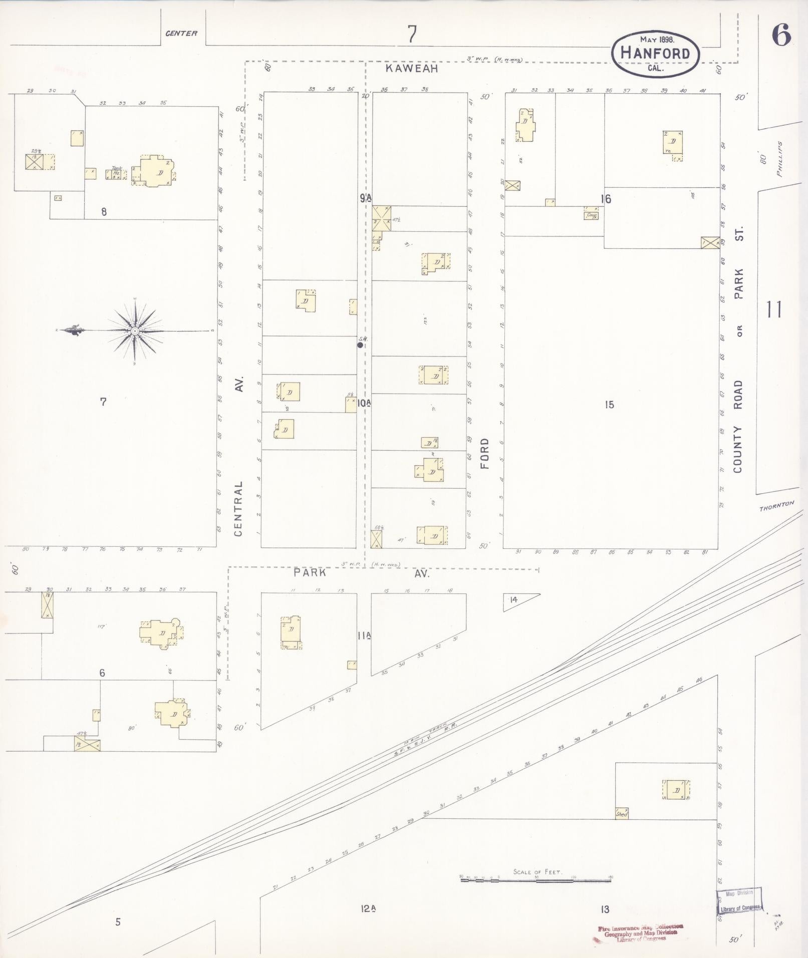 Sanborn Fire Insurance Map from Hanford, Kings County, California (1898), Sheet #0006 - Historic Sanborn Fire Insurance Map Print, vintage old map wall art, antique decor, genealogy gift, California California map