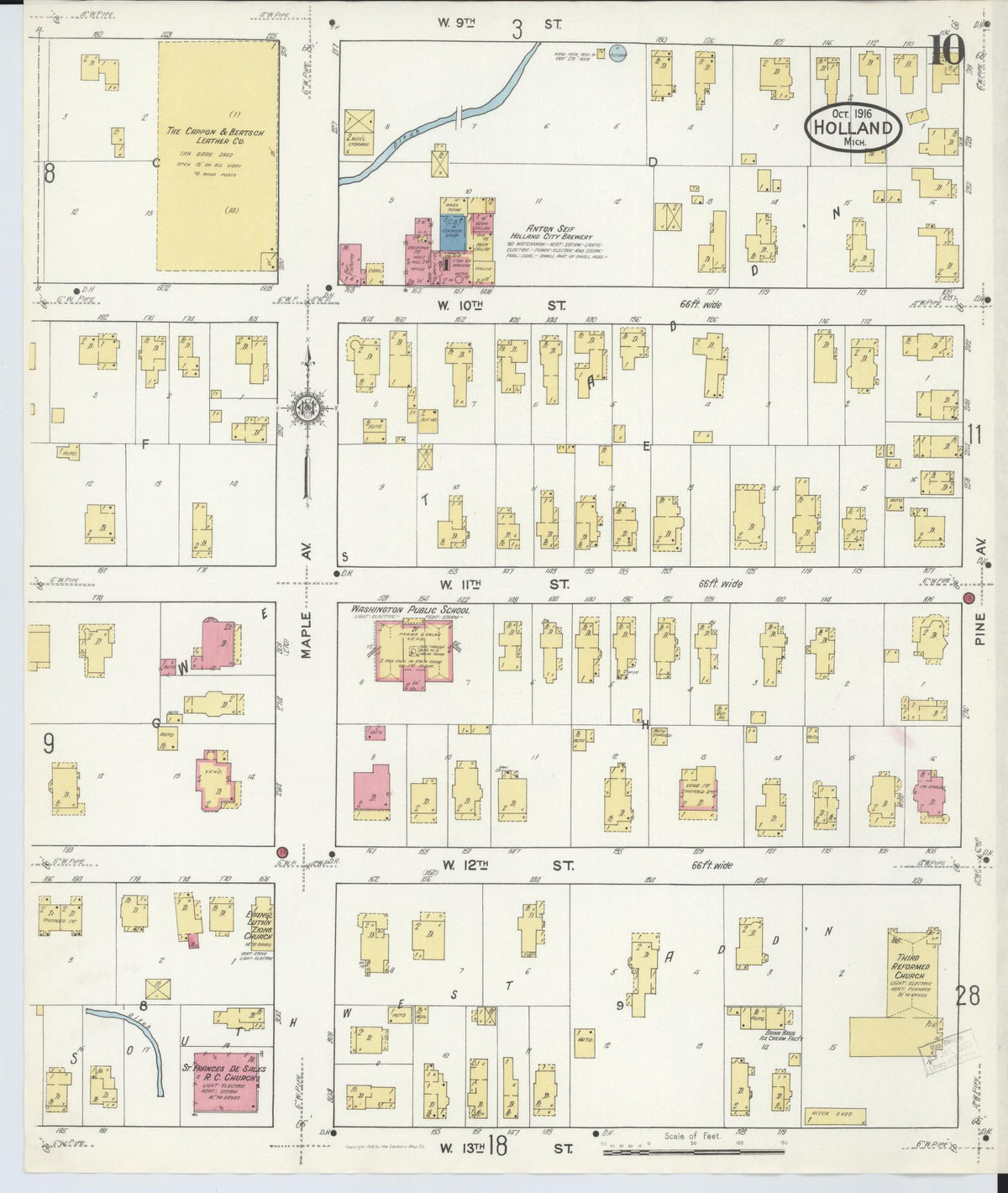 Sanborn Fire Insurance Map from Holland, Ottawa County, Michigan (1916), Sheet #0010 - Historic Sanborn Fire Insurance Map Print, vintage old map wall art, antique decor, genealogy gift, Michigan Michigan map