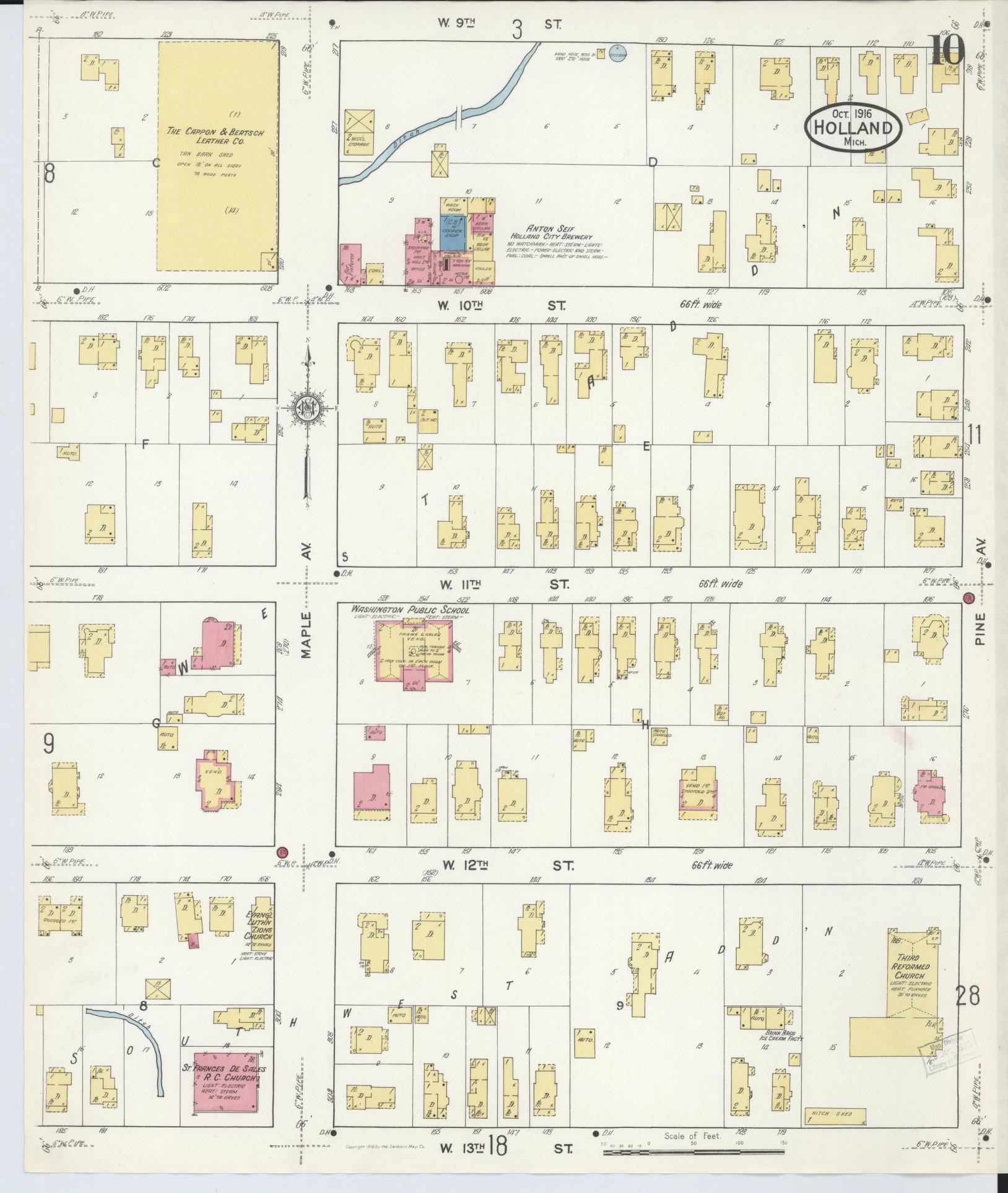 Sanborn Fire Insurance Map from Holland, Ottawa County, Michigan (1916), Sheet #0010 - Historic Sanborn Fire Insurance Map Print, vintage old map wall art, antique decor, genealogy gift, Michigan Michigan map
