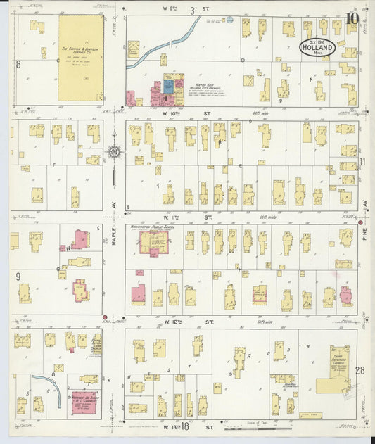 Sanborn Fire Insurance Map from Holland, Ottawa County, Michigan (1916), Sheet #0010 - Historic Sanborn Fire Insurance Map Print, vintage old map wall art, antique decor, genealogy gift, Michigan Michigan map