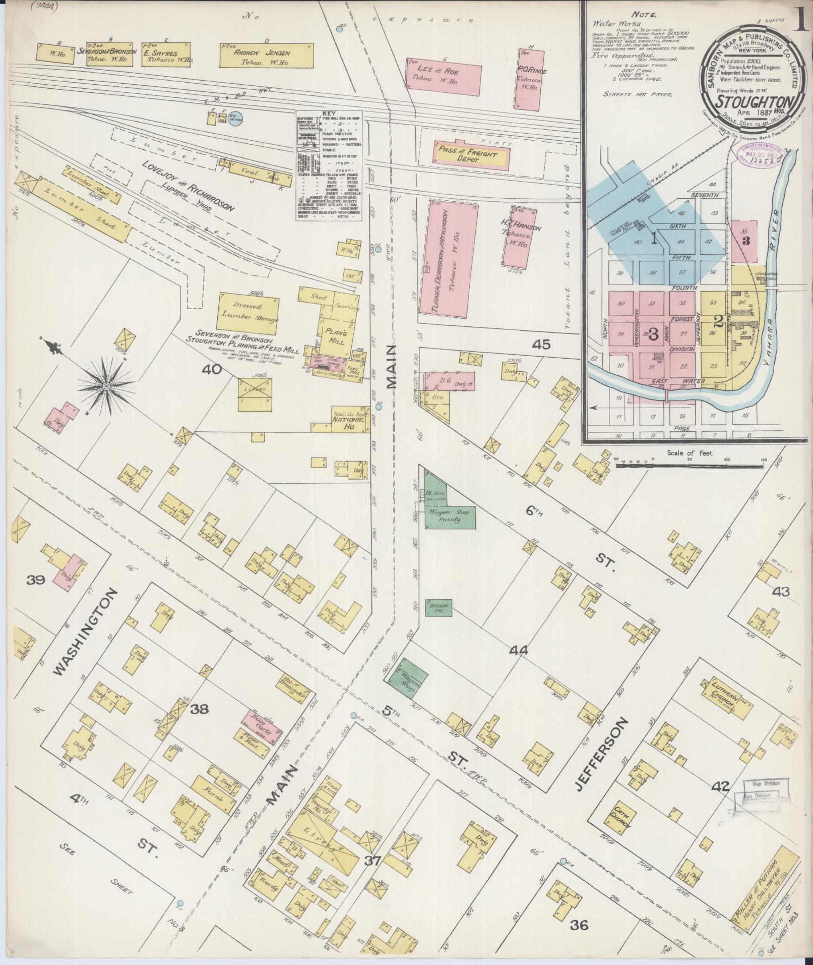 Sanborn Fire Insurance Map from Stoughton, Dane County, Wisconsin (1887), Sheet #0001 - Complete Map Set gallery image, historic Sanborn map, vintage wall art, Wisconsin Wisconsin