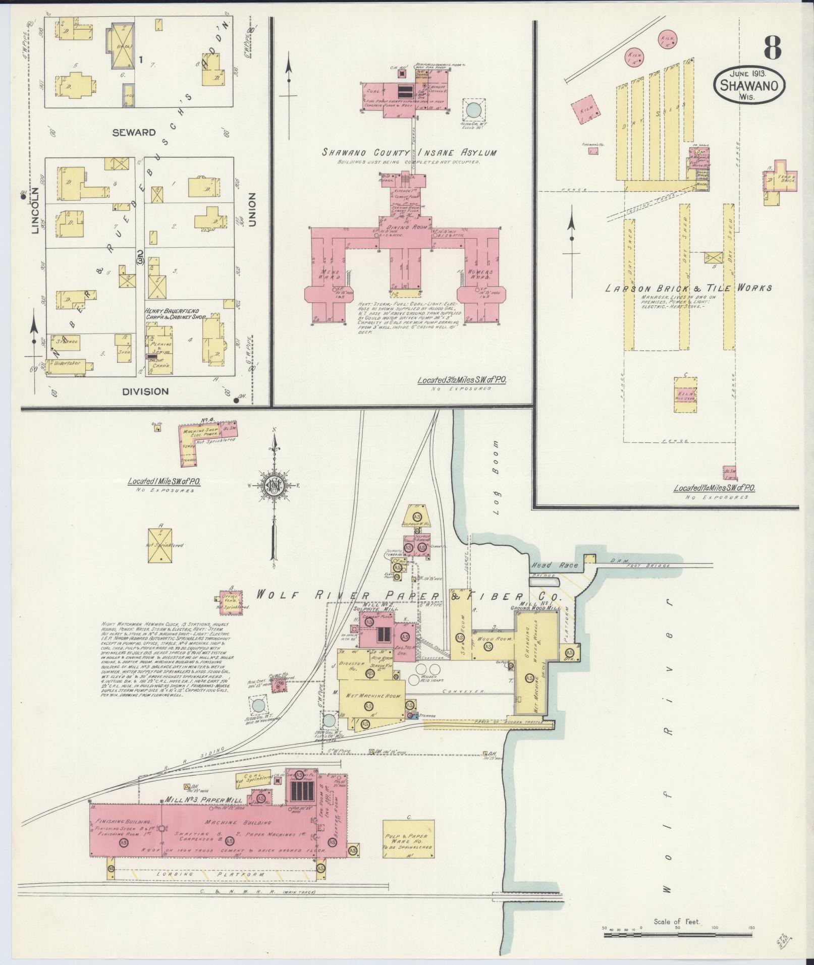 Sanborn Fire Insurance Map from Shawano, Shawano County, Wisconsin (1913), Sheet #0008 - Historic Sanborn Fire Insurance Map Print, vintage old map wall art, antique decor, genealogy gift, Wisconsin Wisconsin map