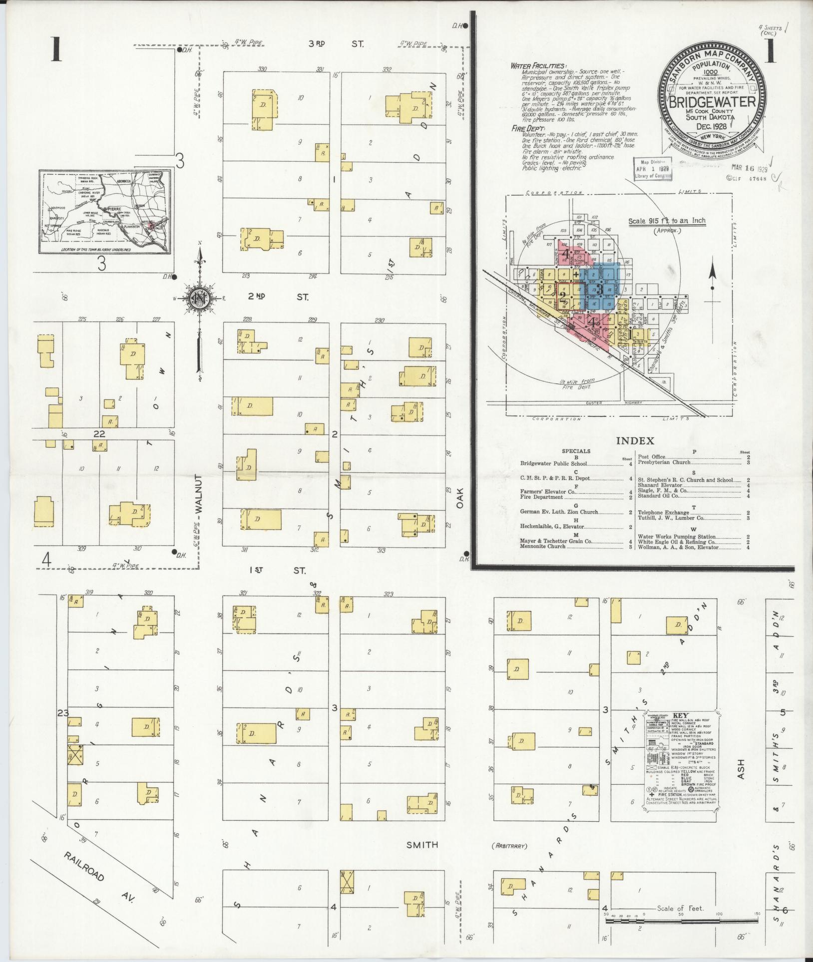 Sanborn Fire Insurance Map from Bridgewater, McCook County, South Dakota (1928), Sheet #0001 - Complete Map Set gallery image, historic Sanborn map, vintage wall art, South Dakota South Dakota