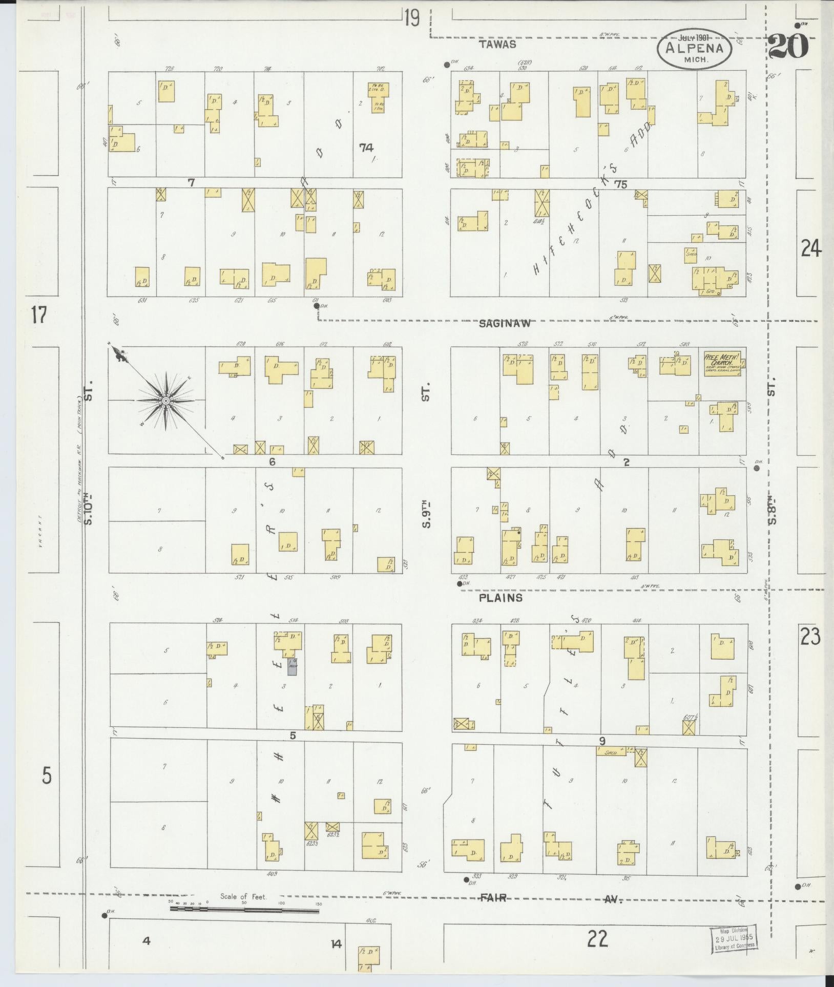Sanborn Fire Insurance Map from Alpena, Alpena County, Michigan (1901), Sheet #0020 - Historic Sanborn Fire Insurance Map Print, vintage old map wall art, antique decor, genealogy gift, Michigan Michigan map