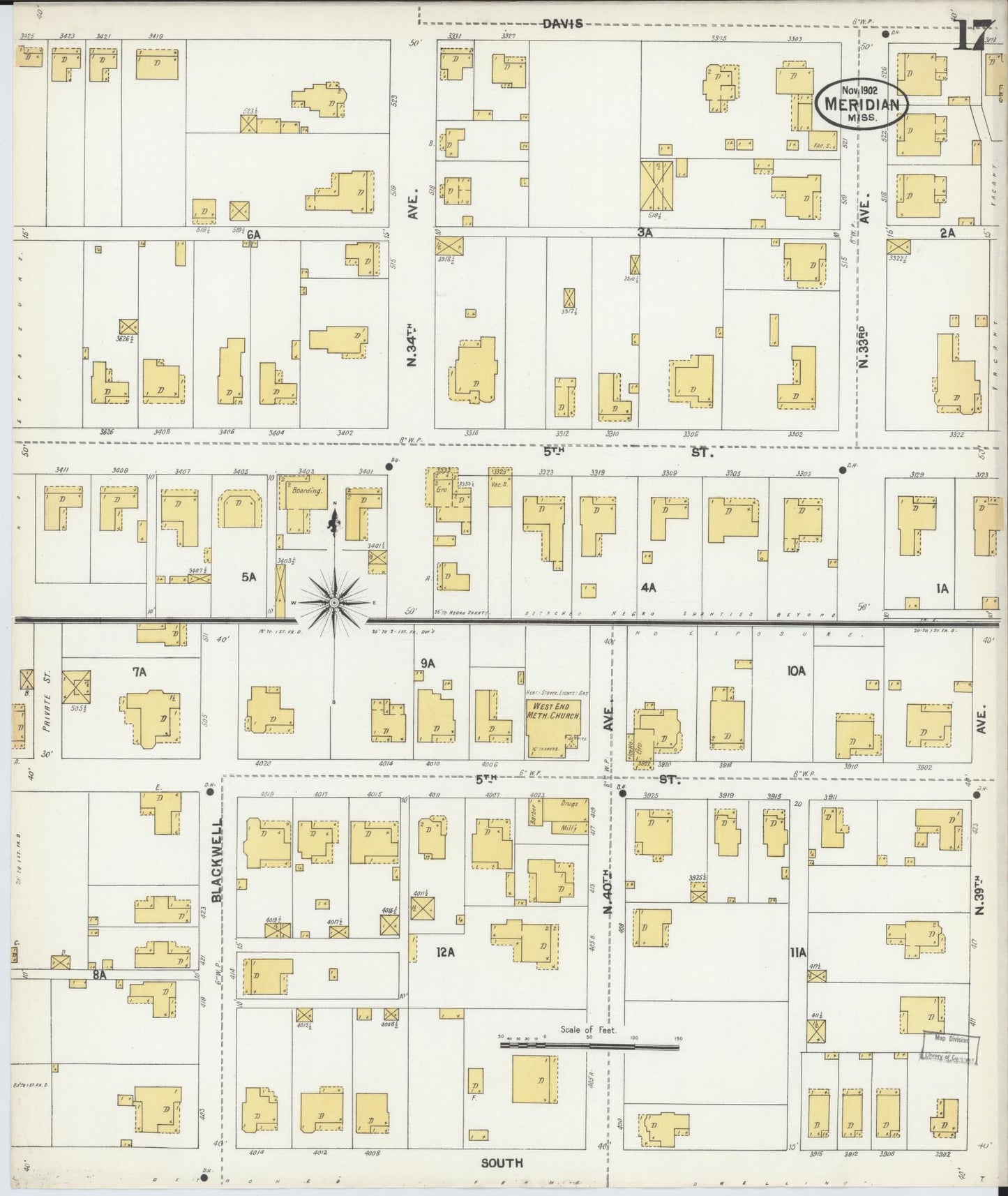 Sanborn Fire Insurance Map from Meridian, Lauderdale County, Mississippi (1902), Sheet #0017 - Complete Map Set gallery image, historic Sanborn map, vintage wall art, Mississippi Mississippi