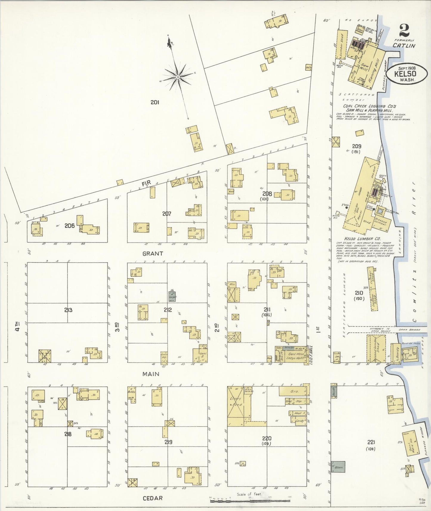 Sanborn Fire Insurance Map from Kelso, Cowlitz County, Washington (1908), Sheet #0002 - Historic Sanborn Fire Insurance Map Print, vintage old map wall art, antique decor, genealogy gift, Washington Washington map