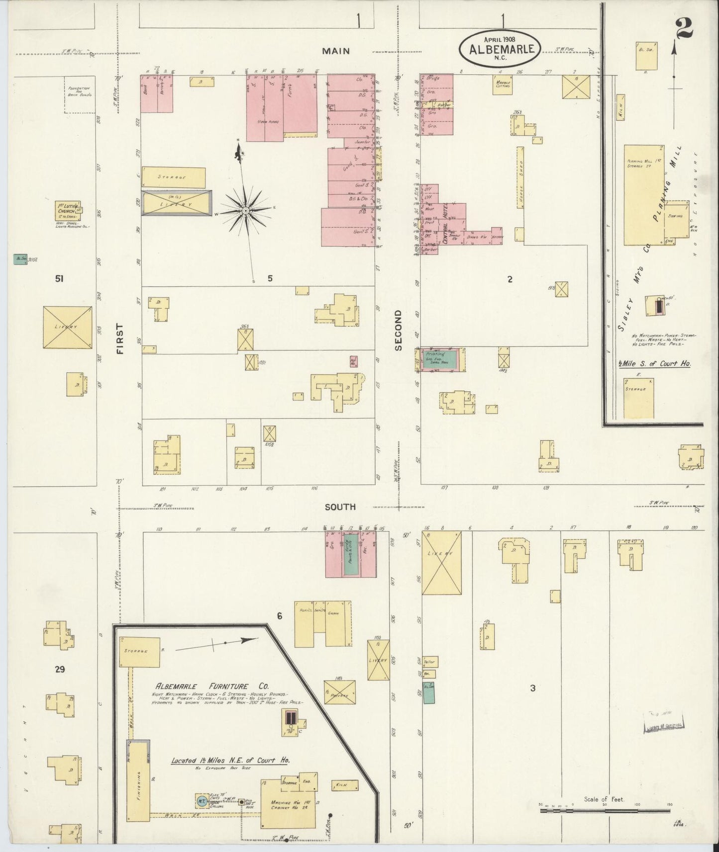 Sanborn Fire Insurance Map from Albemarle, Stanley County, North Carolina (1908), Sheet #0002 - Complete Map Set gallery image, historic Sanborn map, vintage wall art, North Carolina North Carolina