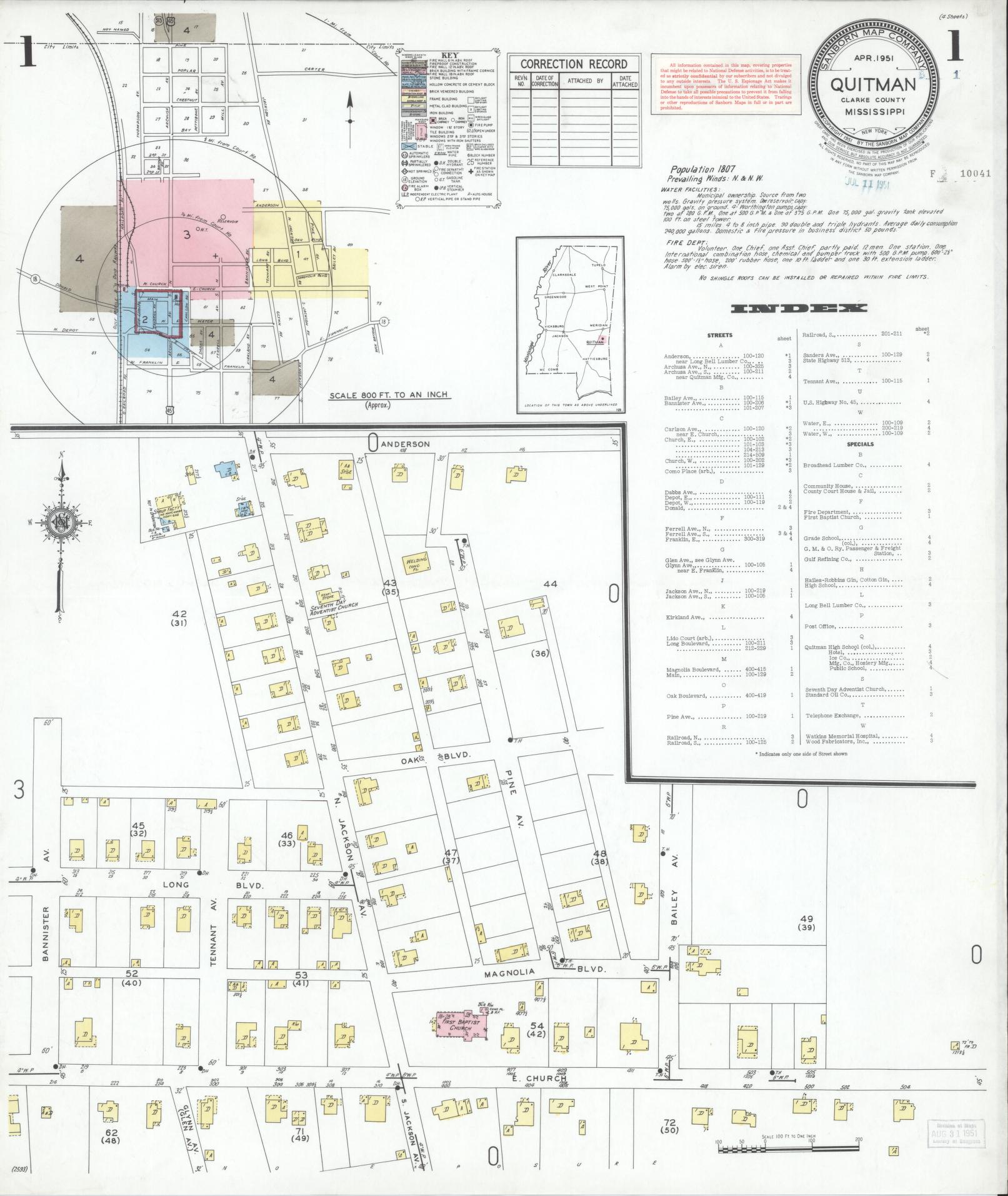 Sanborn Fire Insurance Map from Quitman, Clarke County, Mississippi (1951), Sheet #0001 - Complete Map Set gallery image, historic Sanborn map, vintage wall art, Mississippi Mississippi