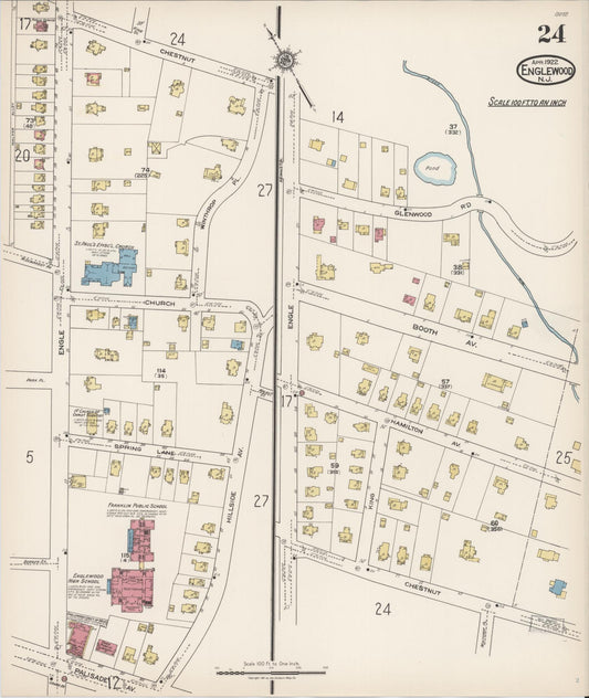 Sanborn Fire Insurance Map from Englewood, Bergen County, New Jersey (1922), Sheet #0024 - Historic Sanborn Fire Insurance Map Print, vintage old map wall art, antique decor, genealogy gift, New Jersey New Jersey map