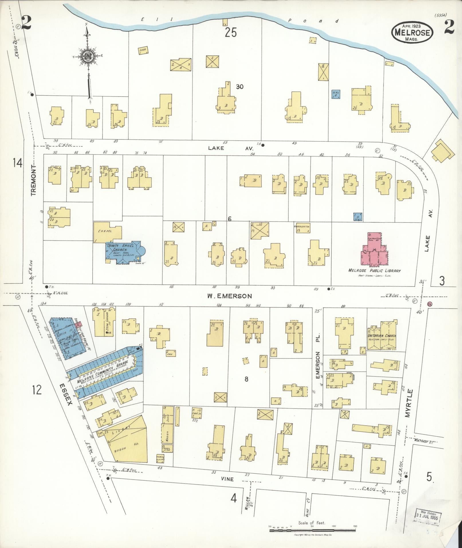 Sanborn Fire Insurance Map from Melrose, Middlesex County, Massachusetts (1923), Sheet #0002 - Historic Sanborn Fire Insurance Map Print, vintage old map wall art, antique decor, genealogy gift, Massachusetts Massachusetts map