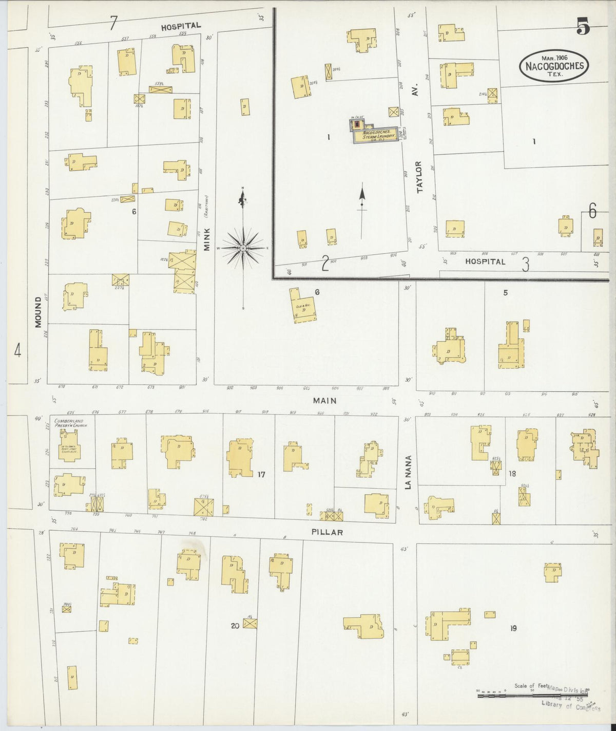Sanborn Fire Insurance Map from Nacogdoches, Nacogdoches County, Texas (1906), Sheet #0005 - Complete Map Set gallery image, historic Sanborn map, vintage wall art, Texas Texas