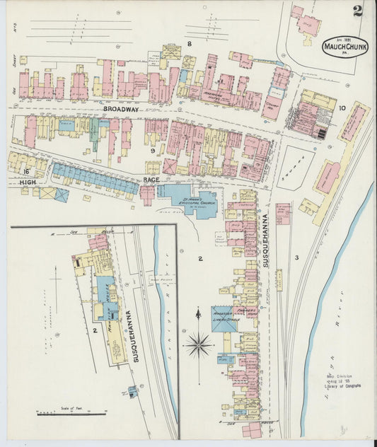 Sanborn Fire Insurance Map from Mauch Chunk, Carbon County, Pennsylvania (1891), Sheet #0002 - Historic Sanborn Fire Insurance Map Print, vintage old map wall art, antique decor, genealogy gift, Pennsylvania Pennsylvania map