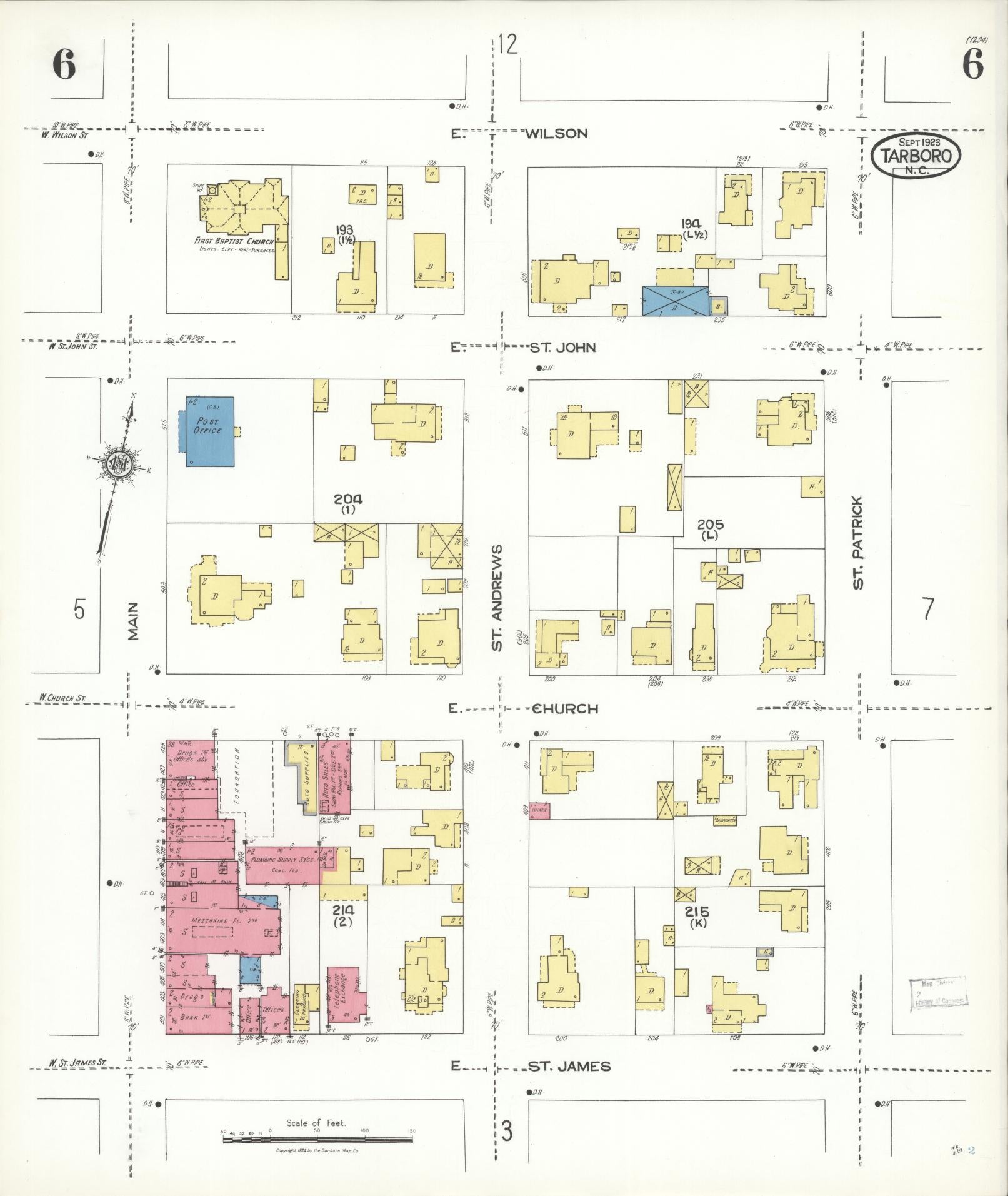 Sanborn Fire Insurance Map from Tarboro, Edgecombe County, North Carolina (1923), Sheet #0006 - Complete Map Set gallery image, historic Sanborn map, vintage wall art, North Carolina North Carolina