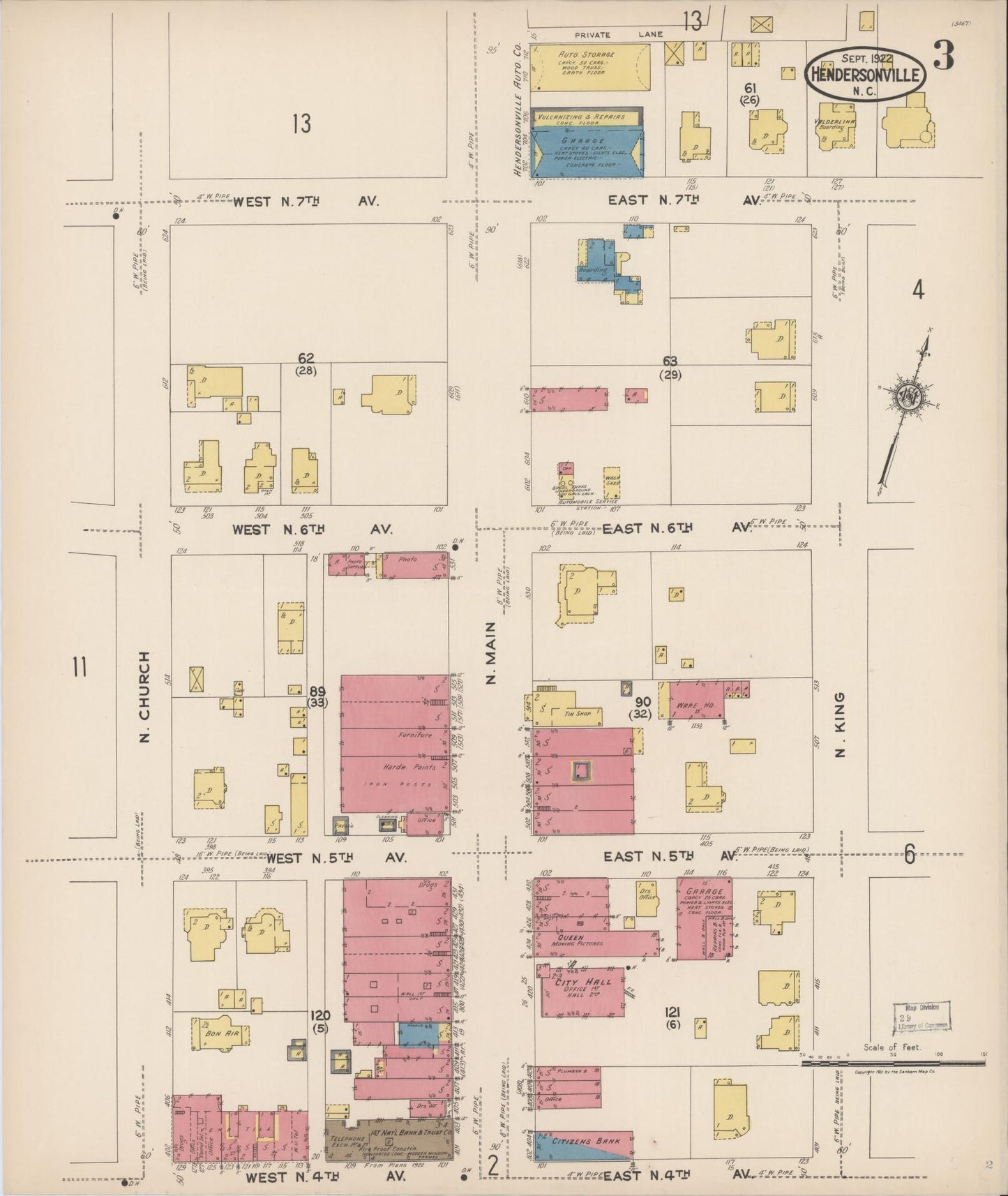Sanborn Fire Insurance Map from Hendersonville, Henderson County, North Carolina (1922), Sheet #0003 - Complete Map Set gallery image, historic Sanborn map, vintage wall art, North Carolina North Carolina