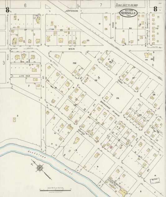 Sanborn Fire Insurance Map from Kerrville, Kerr County, Texas (1924), Sheet #0008 - Historic Sanborn Fire Insurance Map Print, vintage old map wall art, antique decor, genealogy gift, Texas Texas map