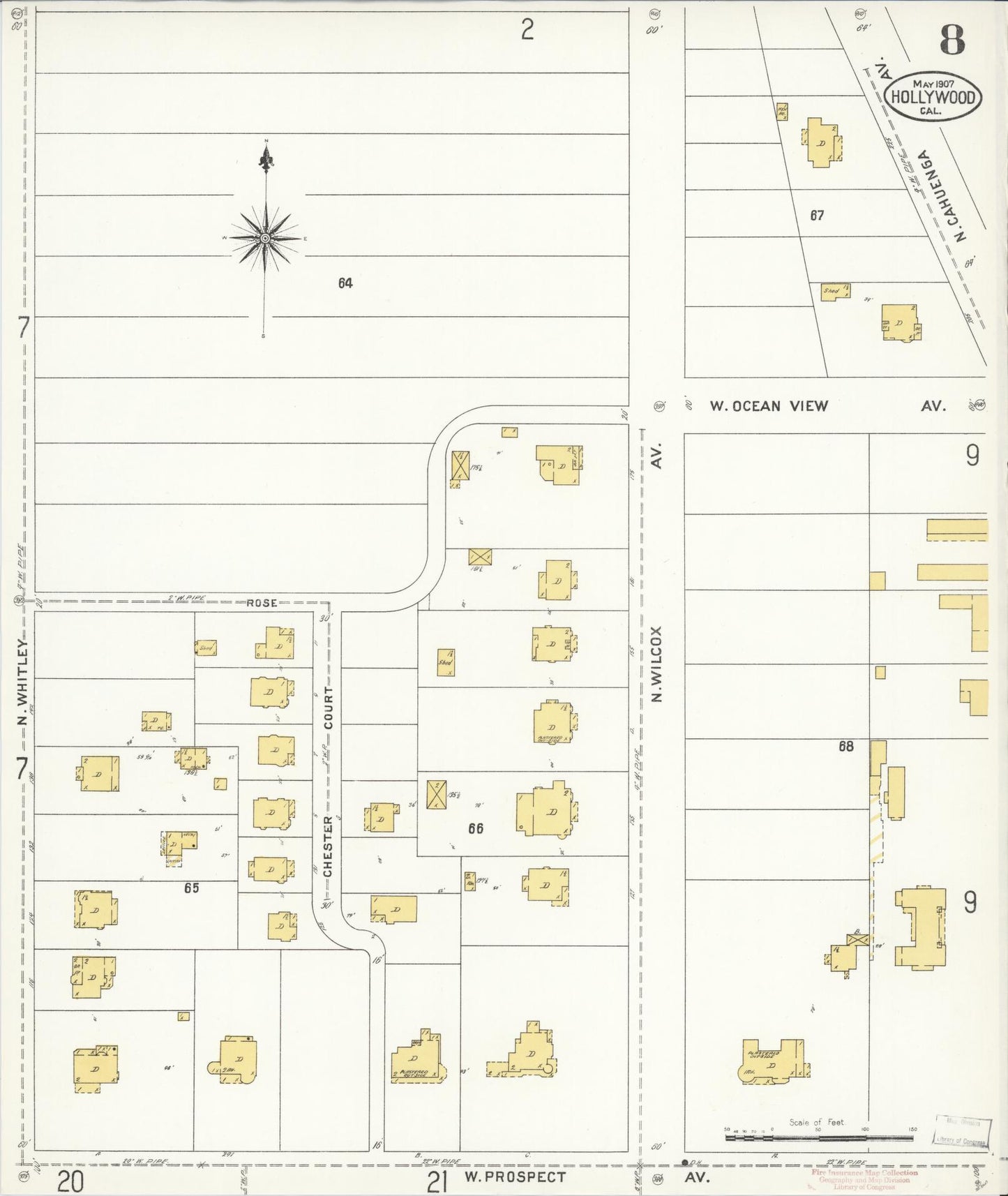 Sanborn Fire Insurance Map from Hollywood, Los Angeles County, California (1907), Sheet #0008 - Complete Map Set gallery image, historic Sanborn map, vintage wall art, California California