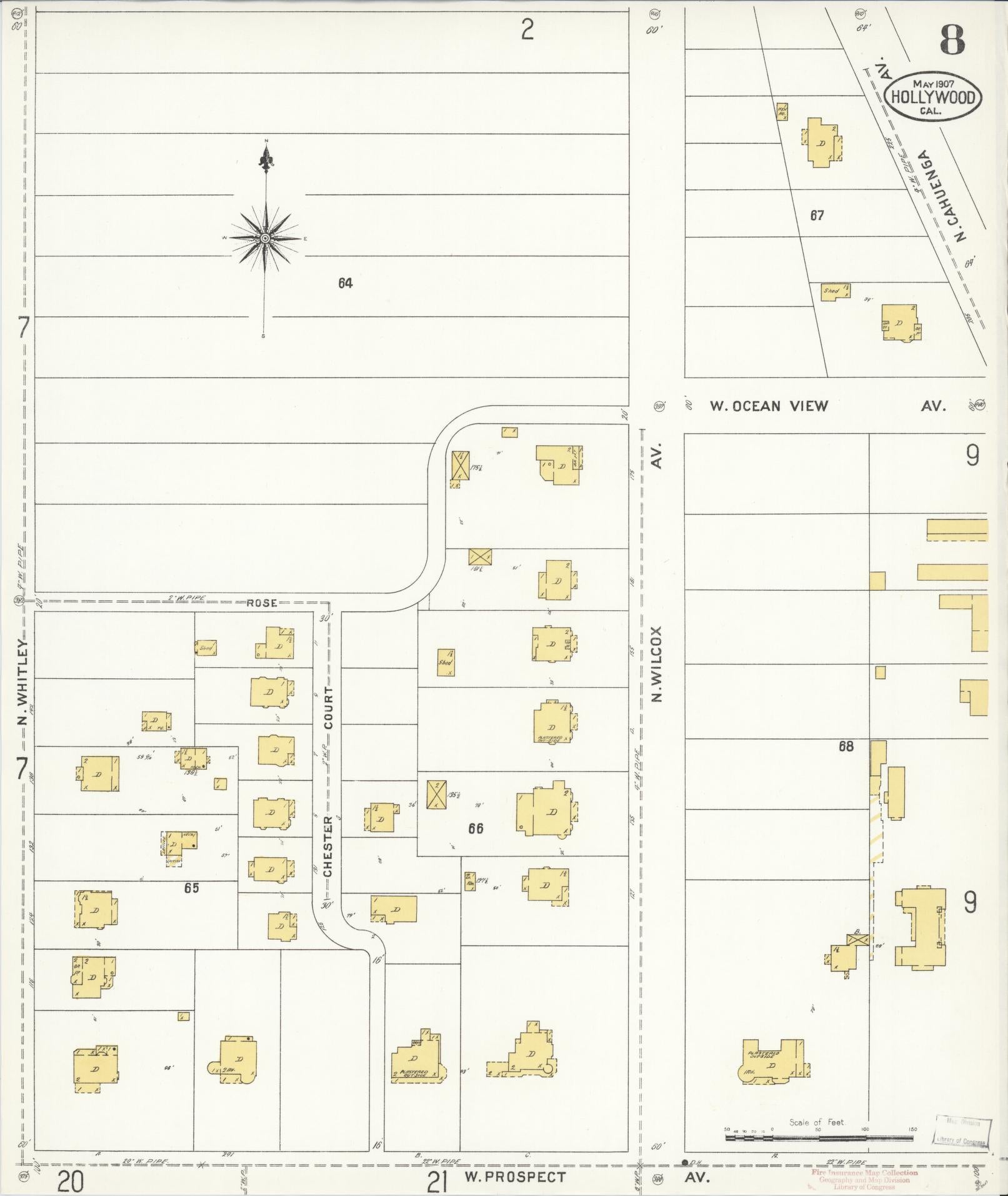 Sanborn Fire Insurance Map from Hollywood, Los Angeles County, California (1907), Sheet #0008 - Complete Map Set gallery image, historic Sanborn map, vintage wall art, California California