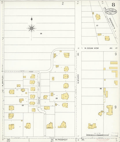 Sanborn Fire Insurance Map from Hollywood, Los Angeles County, California (1907), Sheet #0008 - Complete Map Set gallery image, historic Sanborn map, vintage wall art, California California