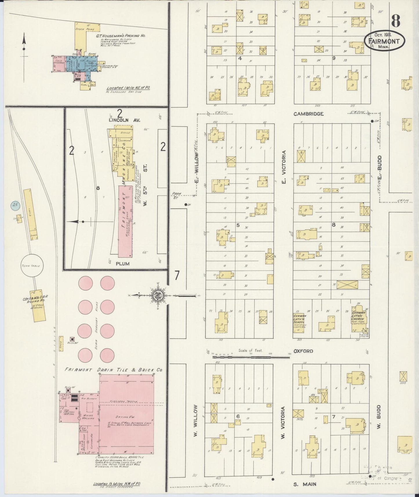 Sanborn Fire Insurance Map from Fairmont, Martin County, Minnesota (1911), Sheet #0008 - Historic Sanborn Fire Insurance Map Print, vintage old map wall art, antique decor, genealogy gift, Minnesota Minnesota map