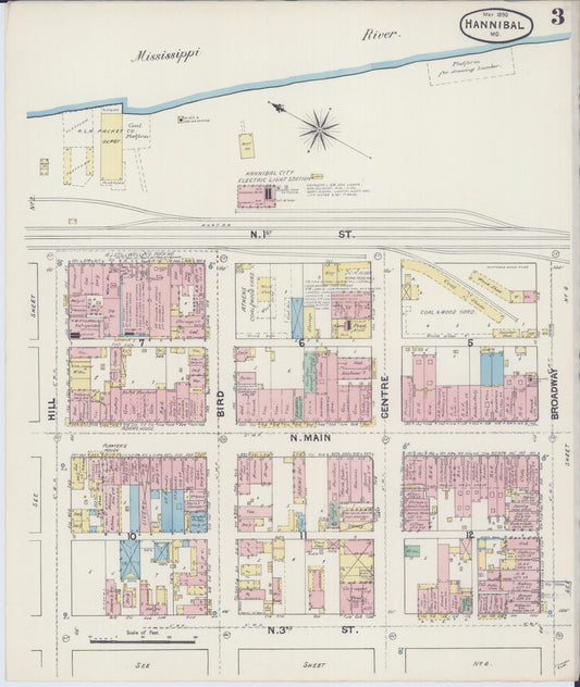 Sanborn Fire Insurance Map from Hannibal, Marion County, Missouri (1890), Sheet #0003 - Historic Sanborn Fire Insurance Map Print, vintage old map wall art, antique decor, genealogy gift, Missouri Missouri map