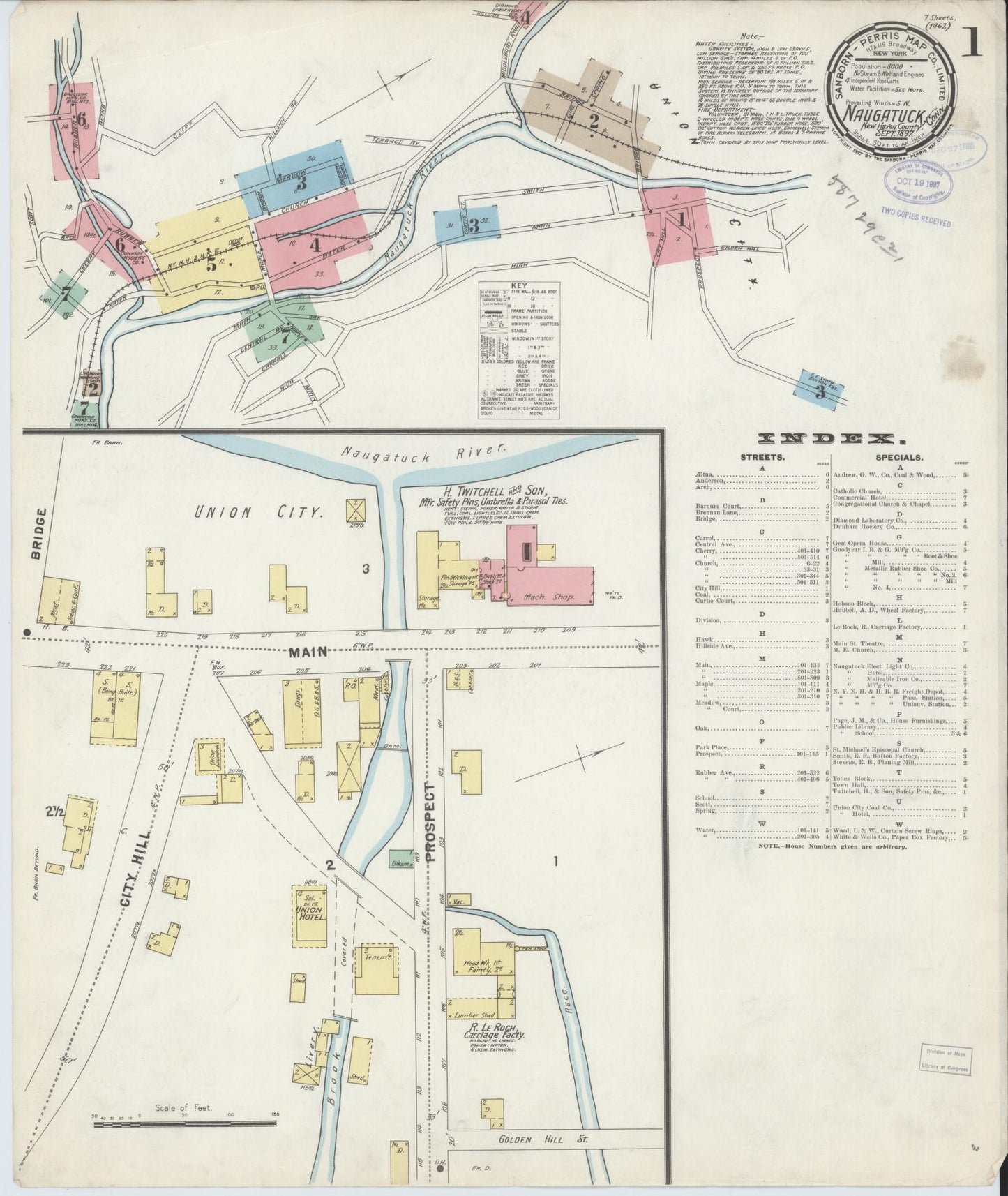 Sanborn Fire Insurance Map from Naugatuck, New Haven County, Connecticut (1897), Sheet #0001 - Complete Map Set gallery image, historic Sanborn map, vintage wall art, Connecticut Connecticut