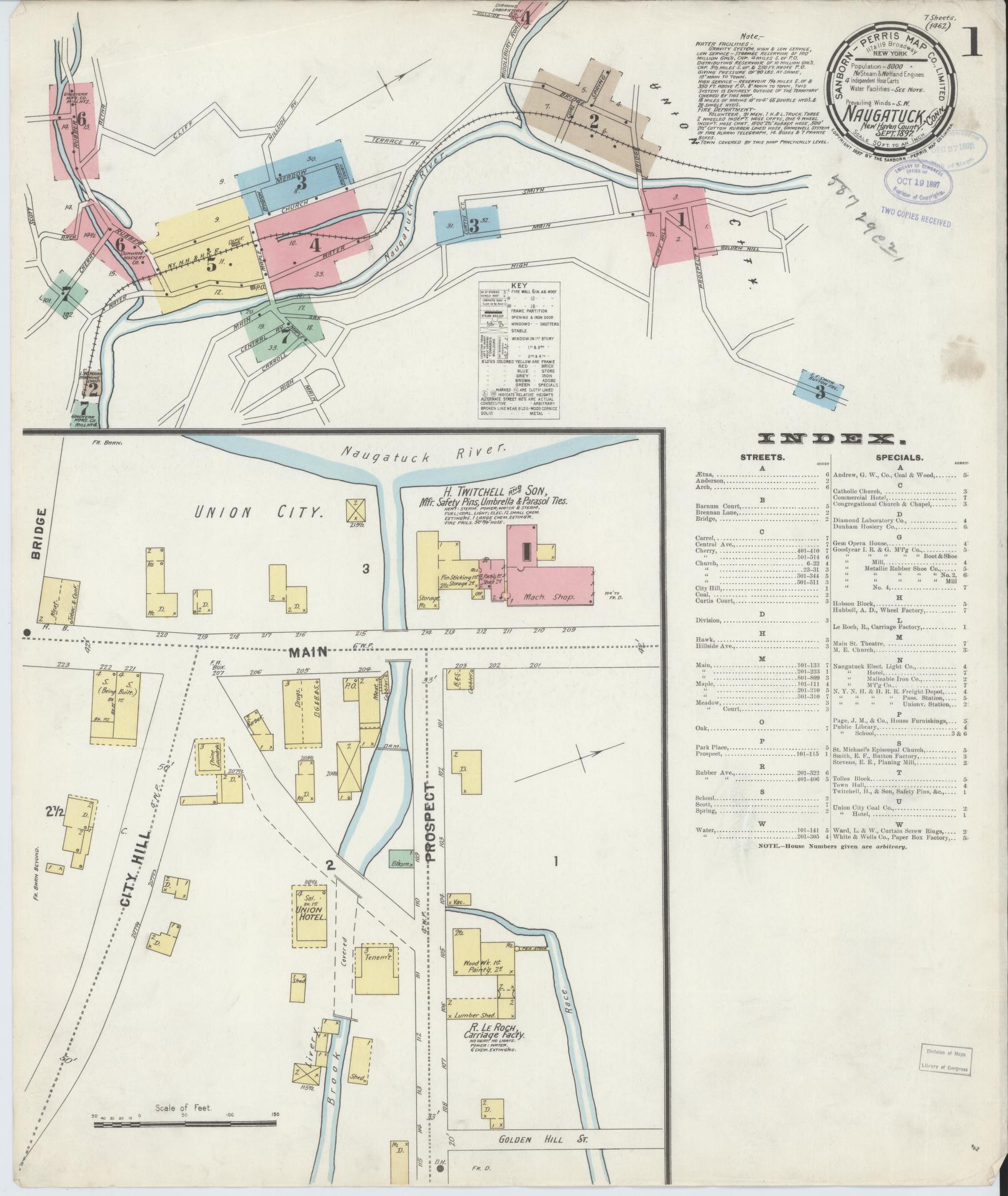 Sanborn Fire Insurance Map from Naugatuck, New Haven County, Connecticut (1897), Sheet #0001 - Complete Map Set gallery image, historic Sanborn map, vintage wall art, Connecticut Connecticut