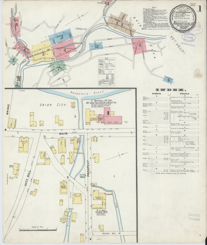 Sanborn Fire Insurance Map from Naugatuck, New Haven County, Connecticut (1897), Sheet #0001 - Complete Map Set gallery image, historic Sanborn map, vintage wall art, Connecticut Connecticut