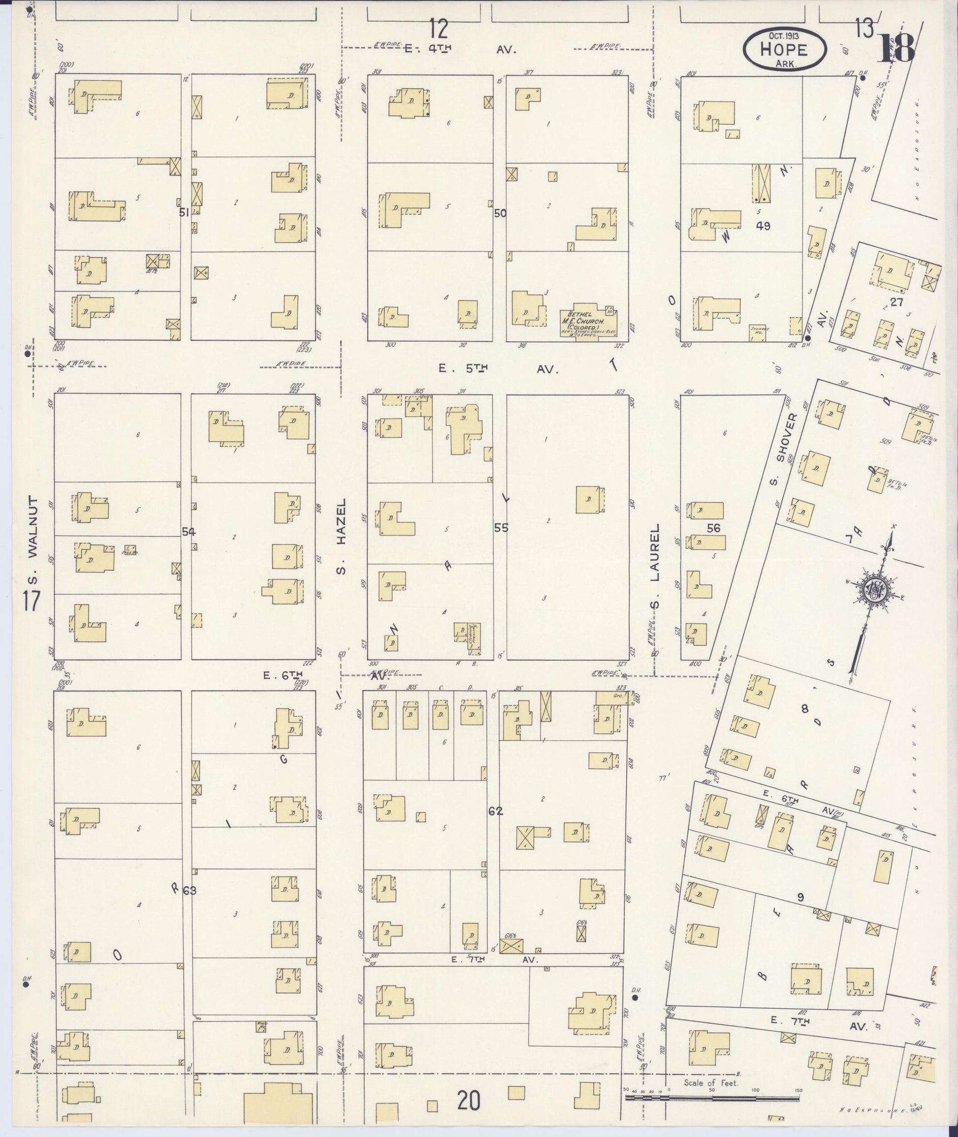 Sanborn Fire Insurance Map from Hope, Hempstead County, Arkansas (1913), Sheet #0018 - Complete Map Set gallery image, historic Sanborn map, vintage wall art, Arkansas Arkansas