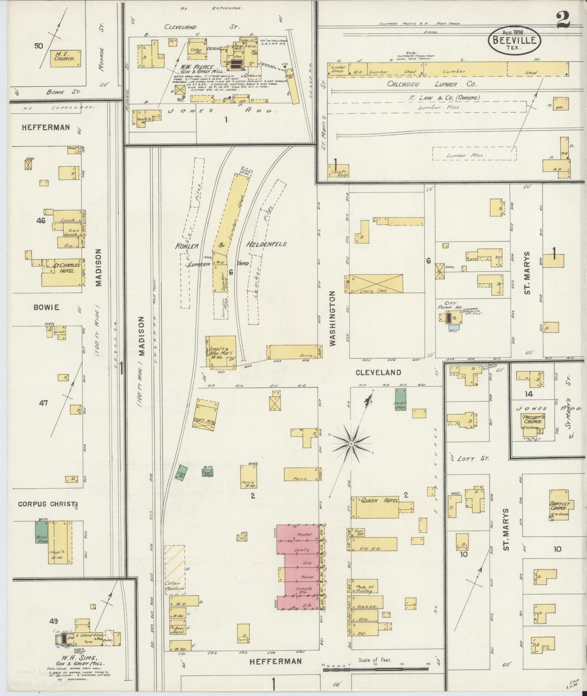 Sanborn Fire Insurance Map from Beeville, Bee County, Texas (1898), Sheet #0002 - Historic Sanborn Fire Insurance Map Print, vintage old map wall art, antique decor, genealogy gift, Texas Texas map
