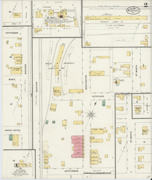 Sanborn Fire Insurance Map from Beeville, Bee County, Texas (1898), Sheet #0002 - Historic Sanborn Fire Insurance Map Print, vintage old map wall art, antique decor, genealogy gift, Texas Texas map