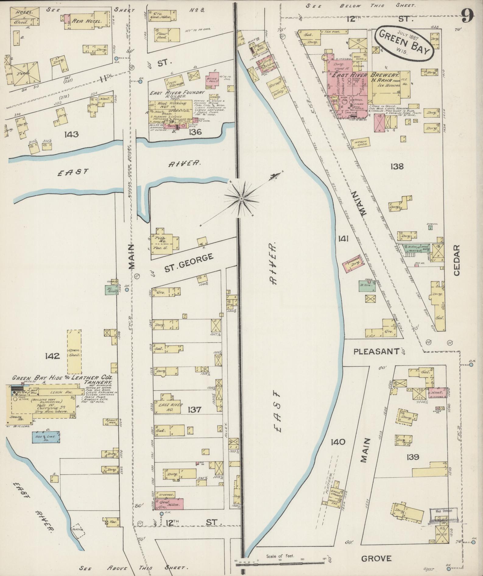 Sanborn Fire Insurance Map from Green Bay, Brown County, Wisconsin (1887), Sheet #0009 - Complete Map Set gallery image, historic Sanborn map, vintage wall art, Wisconsin Wisconsin