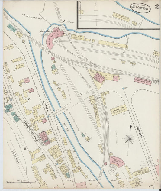 Sanborn Fire Insurance Map from Bellows Falls, Windham County, Vermont (1885), Sheet #0002 - Historic Sanborn Fire Insurance Map Print, vintage old map wall art, antique decor, genealogy gift, Vermont Vermont map