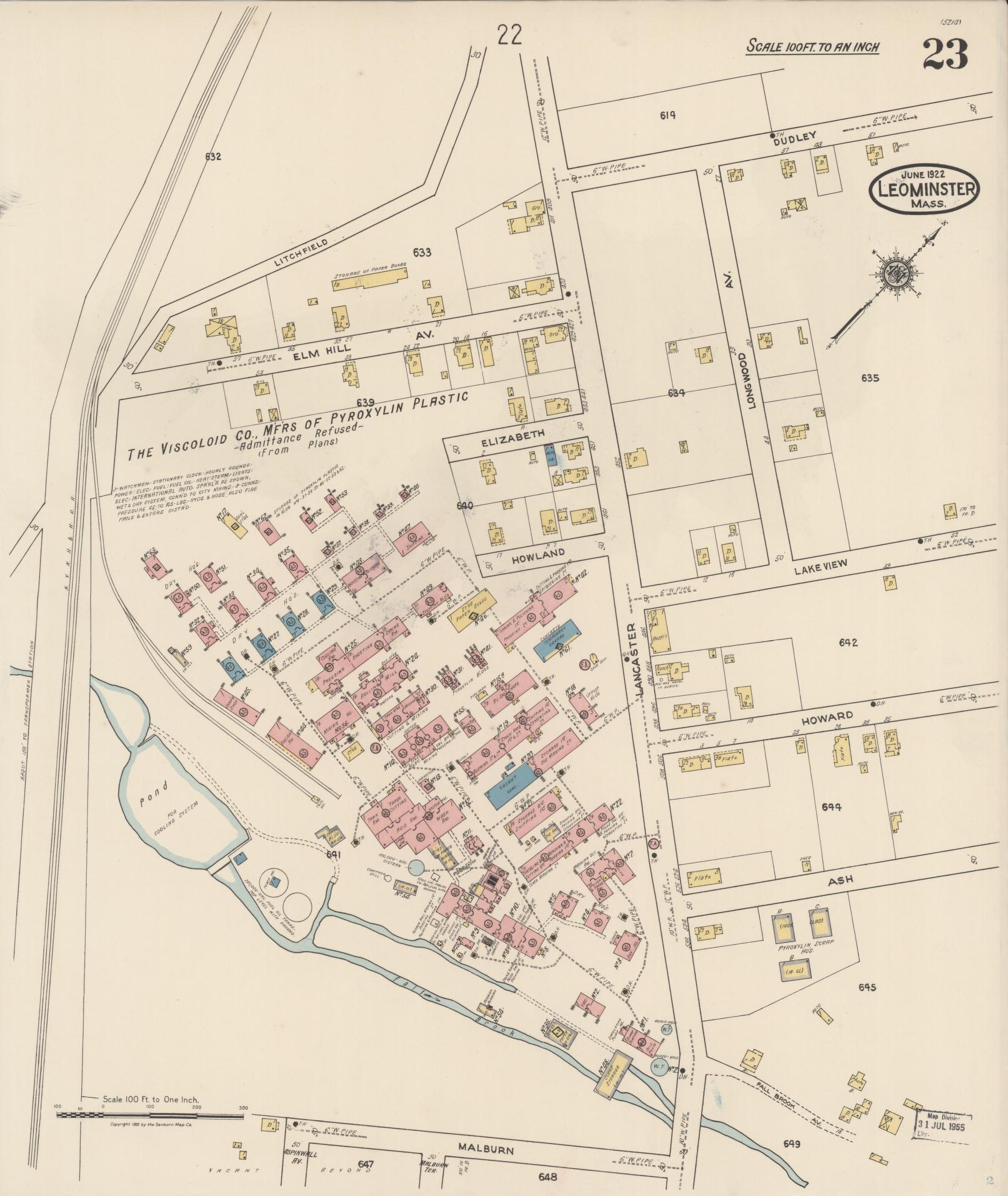 Sanborn Fire Insurance Map from Leominster, Worcester County, Massachusetts (1922), Sheet #0023 - Complete Map Set gallery image, historic Sanborn map, vintage wall art, Massachusetts Massachusetts