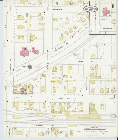 Sanborn Fire Insurance Map from Iron Mountain, Dickinson County, Michigan (1911), Sheet #0008 - Historic Sanborn Fire Insurance Map Print, vintage old map wall art, antique decor, genealogy gift, Michigan Michigan map
