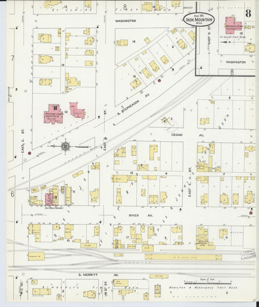 Sanborn Fire Insurance Map from Iron Mountain, Dickinson County, Michigan (1911), Sheet #0008 - Historic Sanborn Fire Insurance Map Print, vintage old map wall art, antique decor, genealogy gift, Michigan Michigan map