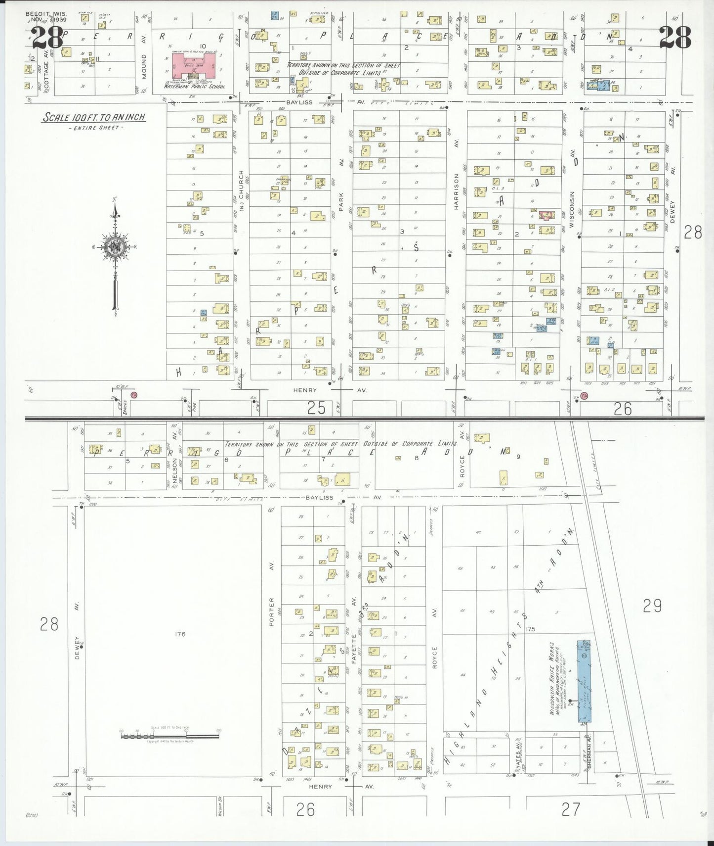 Sanborn Fire Insurance Map from Beloit, Rock County, Wisconsin (1939), Sheet #0028 - Historic Sanborn Fire Insurance Map Print, vintage old map wall art, antique decor, genealogy gift, Wisconsin Wisconsin map