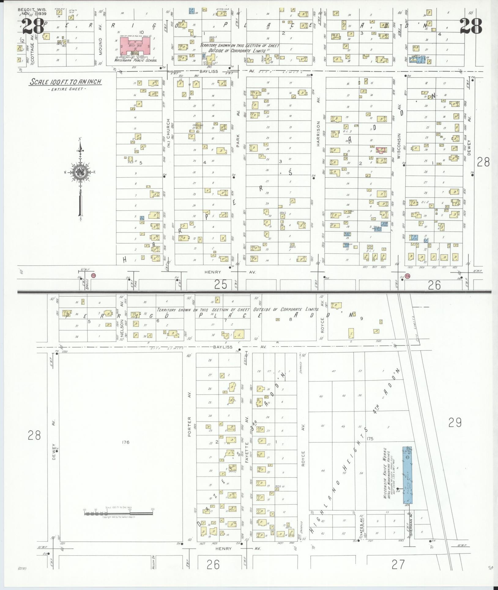 Sanborn Fire Insurance Map from Beloit, Rock County, Wisconsin (1939), Sheet #0028 - Historic Sanborn Fire Insurance Map Print, vintage old map wall art, antique decor, genealogy gift, Wisconsin Wisconsin map